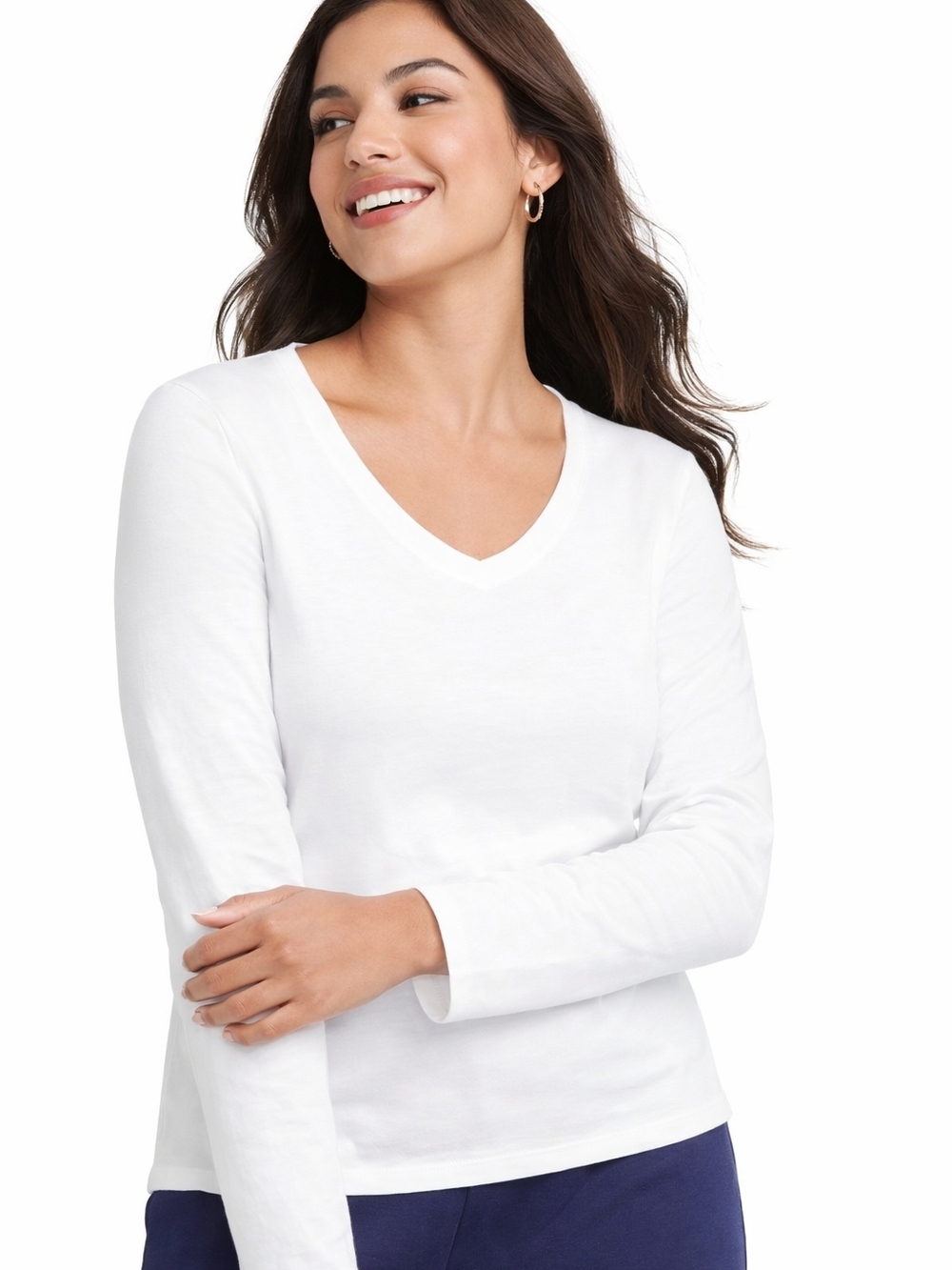 Women’s Classic V-Neck Long Sleeve Top - White Hanes Firm Price